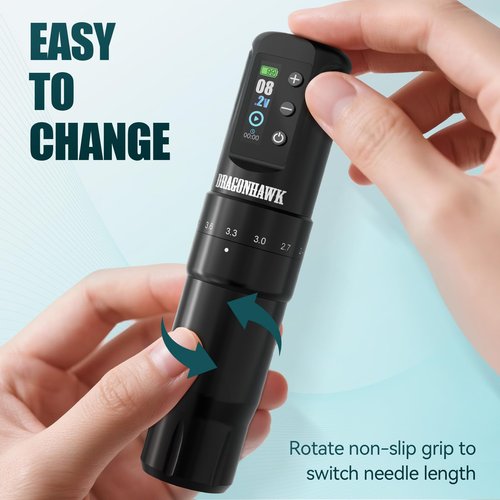 Dragonhawk Atom2 Pro Cordless Tattoo Pen Machine - 7 Storkes Length Professional Rotary Tattoo Gun for Lining Shading Mcore Motor 2000mAh Battery Power Supply (1 Battery)