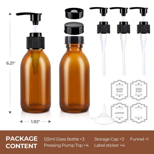 Homepicker 4 oz Amber Glass Pump Bottle, 125ml Small Lotion Dispenser Bottle for Body Massage Oil, Refillable Empty Hand and Dish Soap Dispensers Set with Storage Caps, Labels - 3 Pack