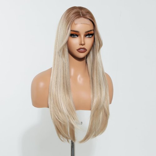 testar Long Straight Ombre Brown Blonde Wigs for White Women Synthetic Middle Part Layers Lace Front Wig for Daily Use Closure Natural Hairline 26 IN