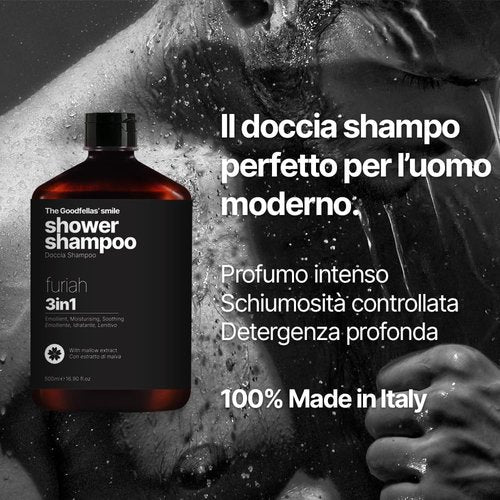 Goodfellas' Smile FURIAH 3-in-1 Shower Shampoo - Bold Leather & Wood Scent | Hydrating Body Wash & Hair Cleanser