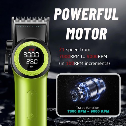 VGR 001 Professional Hair Clippers for Men, Cordless Barber Clippers for Hair Cutting, Carbon Steel Blade Hair Trimmers for Barbers, 9000RPM, LED Display, Green