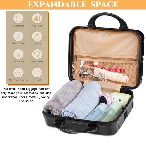 Acshio Mini Hard Shell Cosmetic Travel Case, 12 Inch Small Portable Makeup Train Case with Elastic Band Handle, Pressure-proof ABS Carrying Suitcase Toiletry Box for Travel, Camping, Black