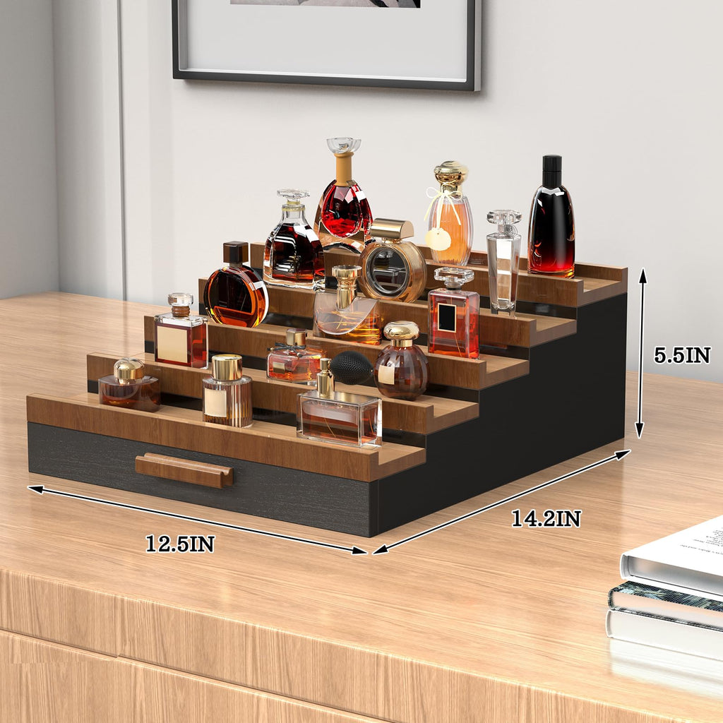 Zaldia Wooden Cologne Organizer for Men 5 Tier of Perfume Display Holder of Drawer & 2 Hidden Compartments Larger Storage Space Mens Perfume Organizer Shelf Stand,Gift for Man (5T-Black Walnut)
