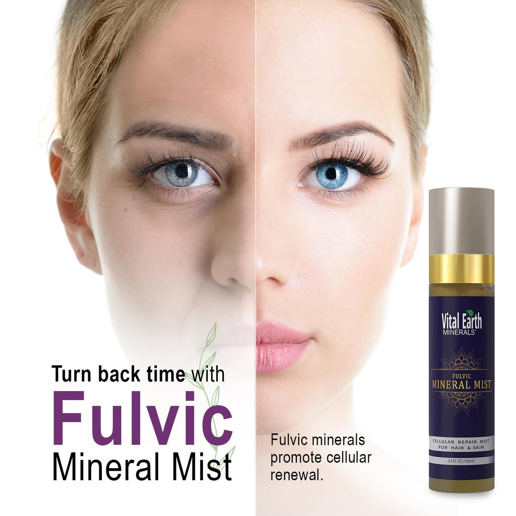 Vital Earth Fulvic Mineral Facial Mist, Travel-Friendly – Anti-Aging Face & Hair Spray for Cellular Renewal & Hydration, 3.4 Oz