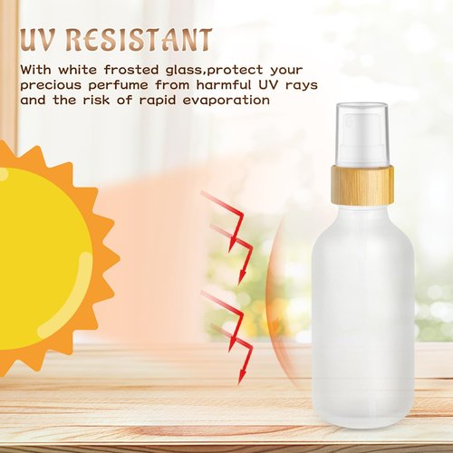 DMuuuDM 12 Pack 2 oz Glass Spray Bottles,Empty Perfume Fine Mist Atomizer,Natural Bamboo Pump Head Travel Liquid Holder Containers for Cologne,Essential Oils,Body Sprays,Room Sprays-Clear Frosted