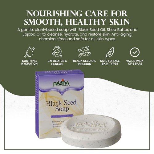 Madina Black Seed Soap Bar – Moisturizing, Anti-Aging, Deep Cleansing, Black Seed Oil, Shea Butter, Jojoba Oil, Plant-Based, Gentle Face & Body Cleanser, 6 Pack (3.5 oz Each)