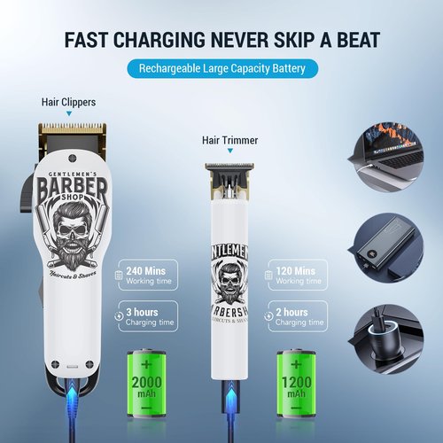 BESTBOMG® Hair Clippers & Trimmer Ceramic T-Blade Cordless Haircut Sets Rechargeable 2000mAh/1200mAh with 10 Guide Combs & for Men/Father/Husband/Boyfriend