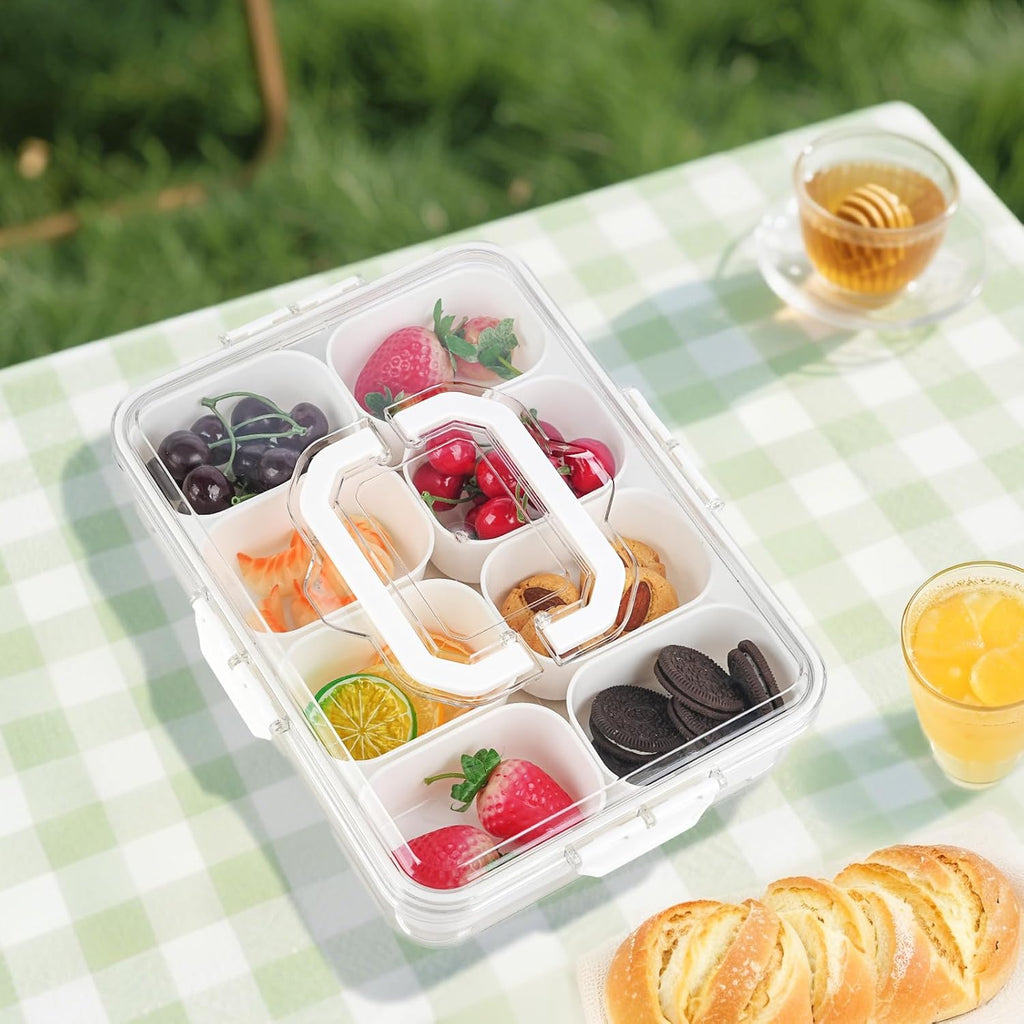 Snackle Box | 8-Compartment Portable Snack Container with Lid & Handle - Clear Serving Tray for Parties