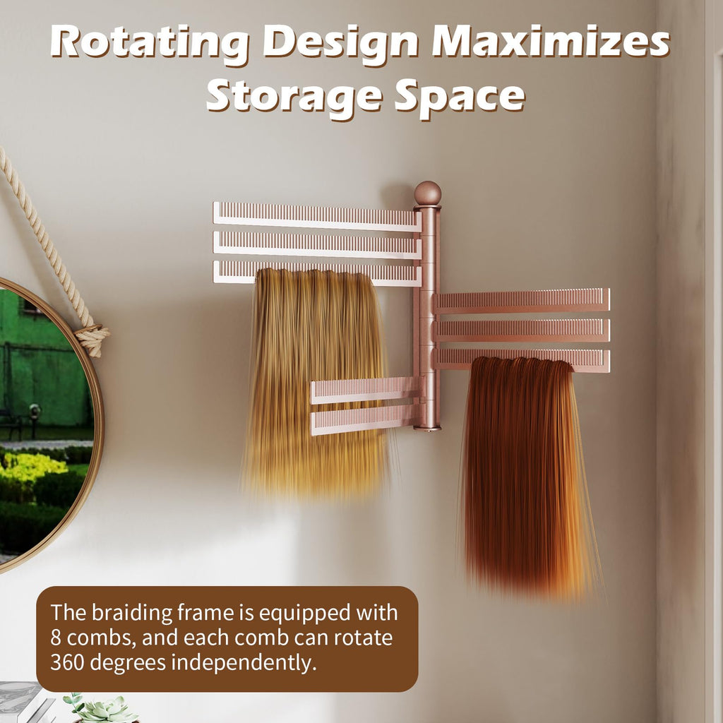 Wall-Mounted Wig and Hair Extension Holder, 8 Rotating Combs, Metal Wig Organizer Rack, Space-Saving Design, Easy Installation for Salon & Home