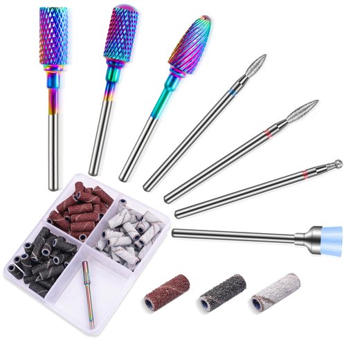 METHELIX Carbide Nail Drill Bits Set: 7Pcs 3/32'' Tungsten Diamond Efile Bits with 75pcs Small Sanding Bands (#80#120#180) for Acrylic Nails Tech Gel Cuticle Remove Manicure Pedicure