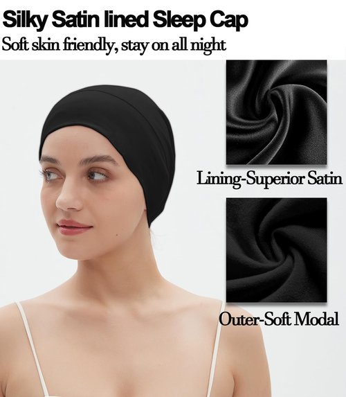 2pcs Satin Bonnet for Sleeping Night Cap, Satin Lined Silk Bonnet Large Sleep Cap for Curly Braids Hair Beanie Black Women