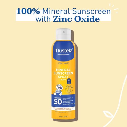 Mustela Baby Mineral Sunscreen Spray SPF 50 - Water-Resistant & Fragrance-Free Formula - 6 fl. oz.