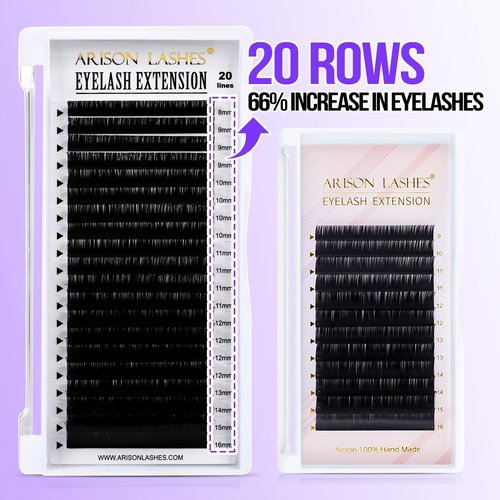 Arison Lashes Volume Lash Extensions Cashmere Matte Black Individual Eyelash Extensions Tray Mixed Length 20 Rows for Professional Lash Tech Supplies(0.07-C Curl-14mm)