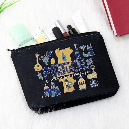 Portugal Vacation Travel Gift - Bachelorette Party Makeup Bag - Is Calling I Must Go (Must Go Portugal Black)