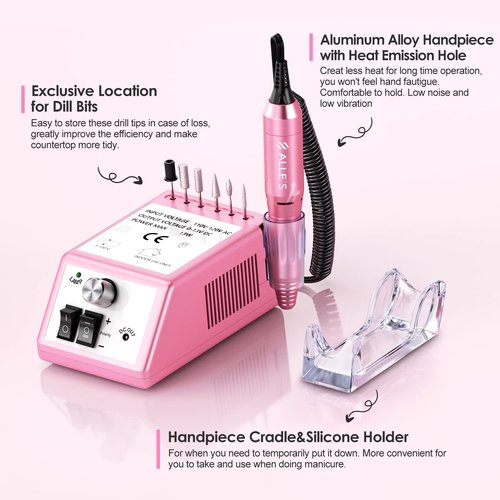 Professional Nail Drill Machine 20000 RPM Efile Electric Nail Filer Kit for Finger Toe Nails, Acrylic Gel Nails, Manicure Pedicure Drill with 6Pcs Nail Bits, 106Pcs Sanding Bands - Pink