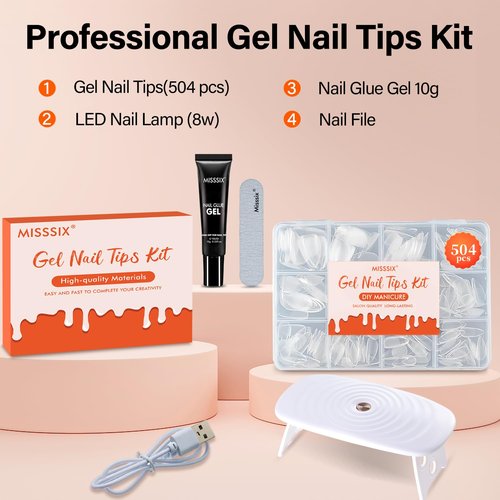 Misssix Short Almond Gel x Nail Tips Kit, 504Pcs Pre Etched Clear Fake Nails, Full Cover False Nail 9-in-1 Gel Glue and Portable Mini U V Nail Lamp for Women 12 Sizes