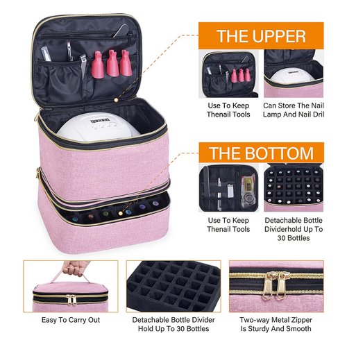 UOZL Nail Polish Organizer, Handheld Double Layer Nail Polish Storage with Adjustable Dividers, Holds 30 Bottles (15ml/0.5 fl.oz) for Nail Polish Lamp Manicure Tools and Essential Oil, Pink