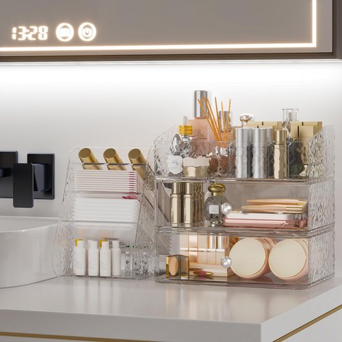 Henyol Makeup Organizer with Brush Holder Plastic Makeup Drawers For Vanity Clear Stackable Storage Case Makeup Organizer For Skincare, Brushes, Lipstick, Nail Polishes, Perfumes, Eyeshadow Palettes