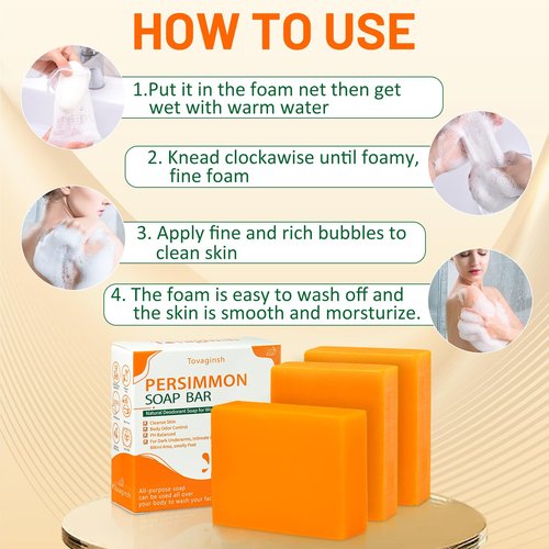 tovaginsh 3Pack Natural Persimmon Soap Bar for Body Odor Control, Organic Deodorant Body Persimmon Bar Soap for Old People Smell, Remove Odor Bath Body Wash for Women & Men