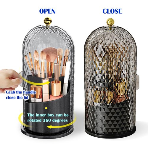JIANGLAI Makeup Brush Holder with Lid, 360 Rotating Multifunction Clear Dustproof Skincare Cosmetic Tools Storage Organizer for Vanity Desktop Bathroom Countertop (Black)