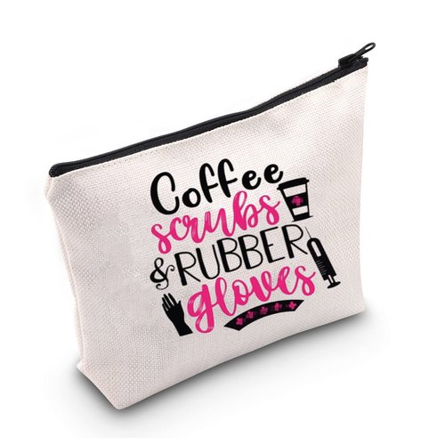 LEVLO Funny Nurse RN Gifts Nurse Appreciation Gift Coffee Scrubs and Rubber Gloves Makeup Bags Nurse Graduation Gift (Coffee Scrubs and Rubber Gloves)