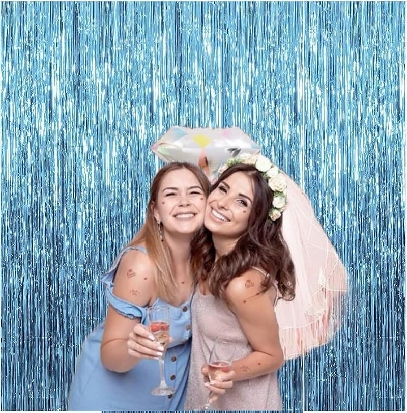 Sky Blue Metallic Foil Fringe Curtain Backdrop 3.28 x 6.56 ft 2-Pack Party Decorations