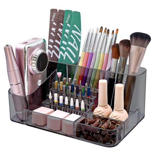 ANRUI Nail Drill Holder, 28 Holes Nail Drill Machine & Bits Storage Box, Acrylic Nail Drill Bit Holder, Professional Nail Drill Organizer Box for Manicure Tools - Grey