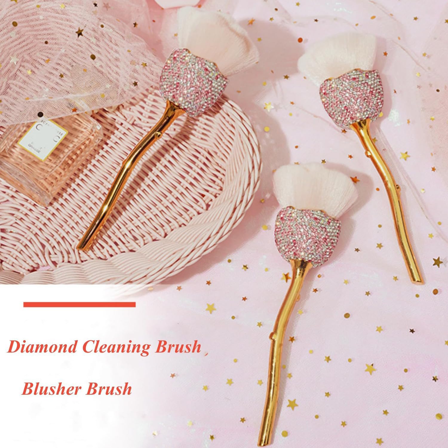 Wokoto 1pcs Rose Nail Dust Brushes Embedded Pink And White Rhinestones For Acrylic Nails Powder Remover Trimming Cleaning Tools Loose Face Cosmetics Blending Foundation Powder Make Up Brushes