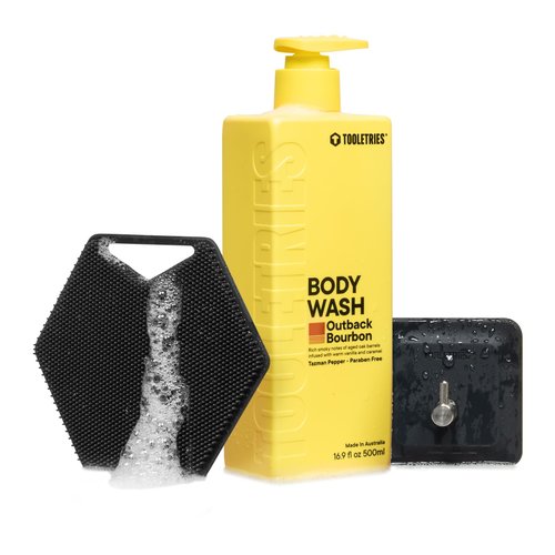 TOOLETRIES Body Scrub Kit - Silicone Body Scrubber & Storage Hook, Superior Lather Men's Body Wash - Bathroom & Shower Toiletries for Men, Travel Essentials