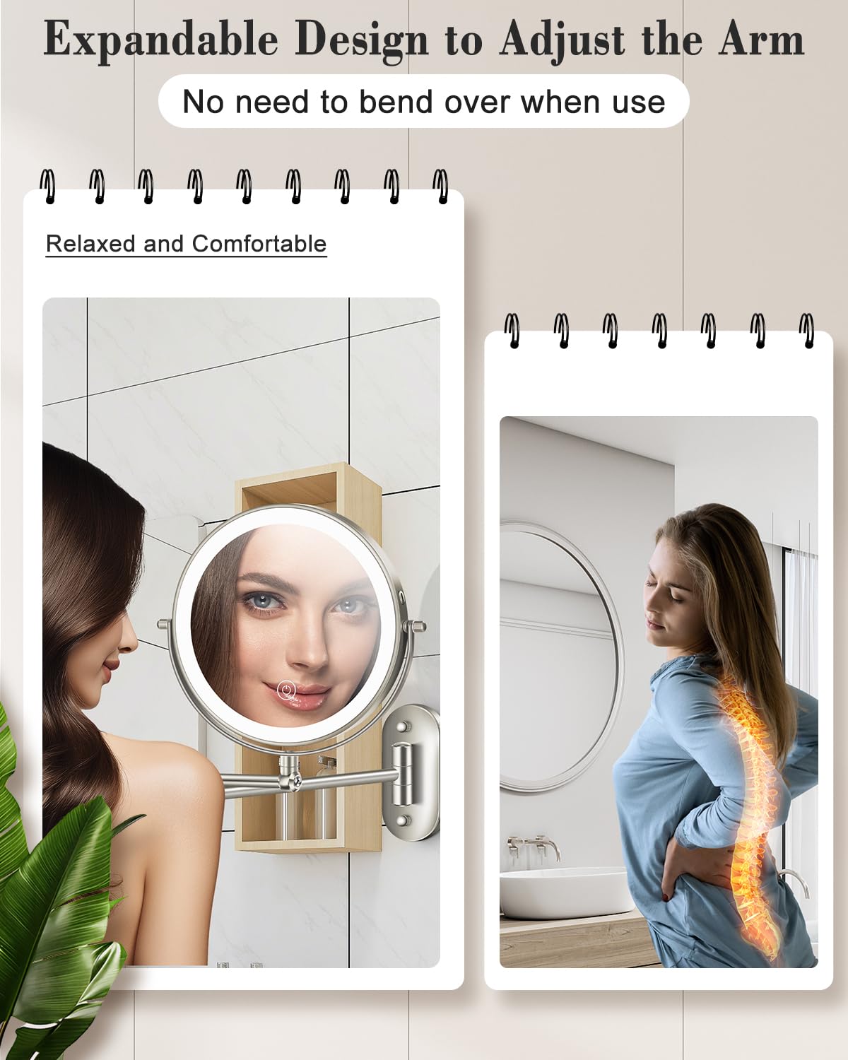 vpu 9" Wall Mounted Makeup Mirror with Light, 20X/1X Height Adjustable Double Sided Magnifying Bathroom Lighted Mirror, 3 Color Touch Dimmable Extended Arm 360 Rotation Light up Magnification Mirrors