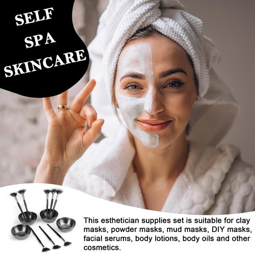 8 Pcs Black Facial Bowl and Brush Set 4 Black Stainless Steel Mixing Bowls 4 Facial Fan Brushes Esthetician Facial Mixing Bowls Esthetician Face Mask Brush for Mud Cream Spa Salon (8 Pcs)