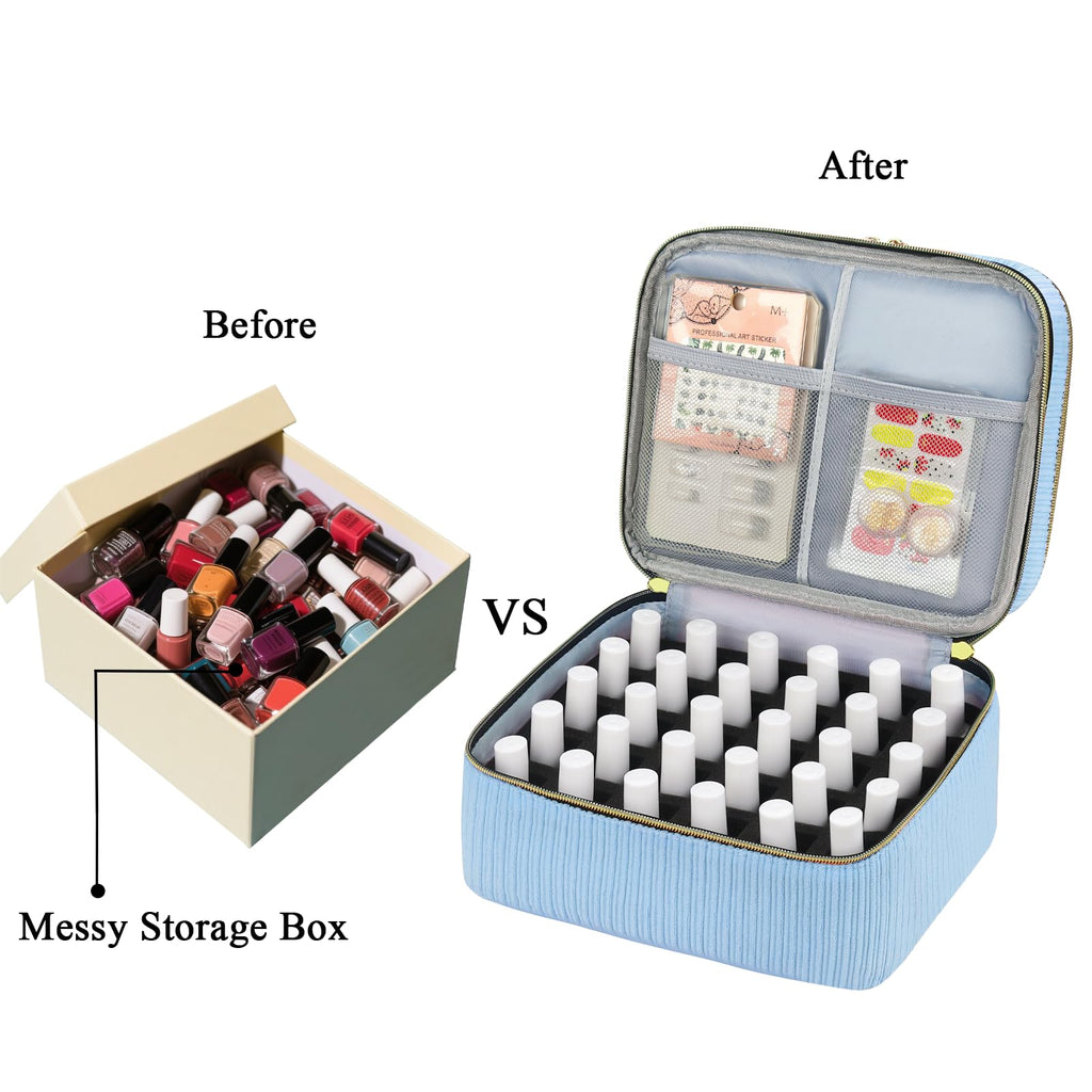 ZFZGFRCS Nail Polish Organizer- Holds 30 Bottles, Nail Organizers and Storage Double-Layer Nail Bag Organizer Case Nail Polish Holder with Handle, Nail Kit Organizer for Manicure Tools (Blue)