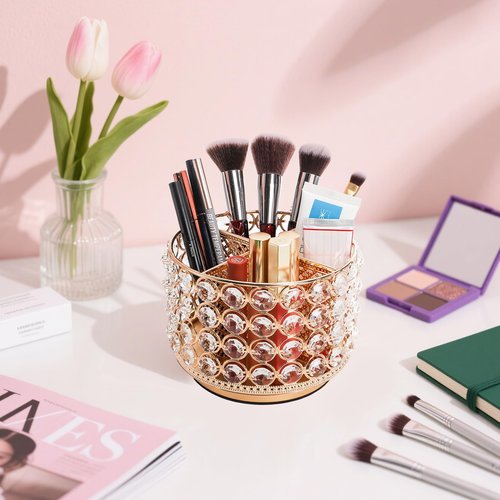 Hedume Crystal Vanity Organizer with 4 Compartments, 360 Degree Rotating Makeup Brush Holder, 4-Slot Glitter Gold Spinning Cosmetic Brushes Display Multi-Functional Desk Organizer Home Decor