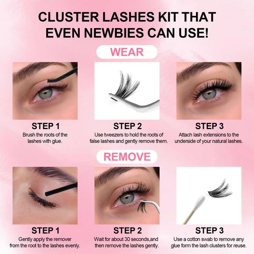 SY SHUYING Lash Extension Kit DIY Lash Clusters 10-16mm 112pcs Individual Lashes Clusters Soft Thin Band Natural Volume Eyelash Extension with Lash Bond and Remover, Lash Tweezers for Self Use 34#