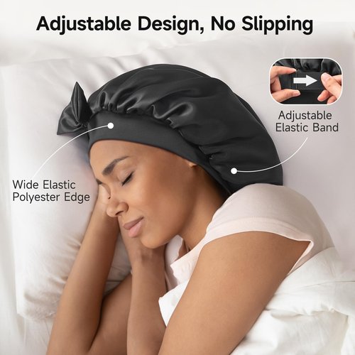 Double-Sided 22 Momme 100% Real Mulberry Silk Bonnet for Sleeping Women, Large Hair Care Bonnet for Long Curly Hair, Double Layer Silk Wrap with Soft Elastic Band, Non-Slip Sleep Cap, Jet Black