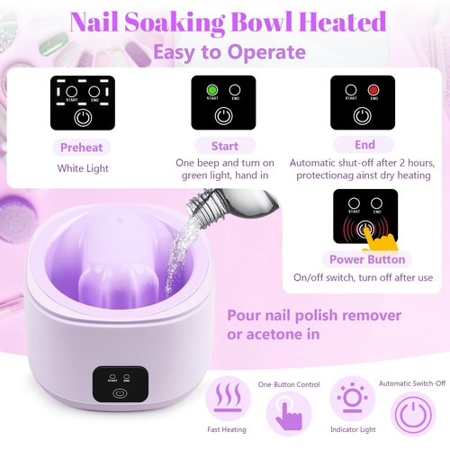 Electric Nail Soaking Bowl, Acrylic Nail Remover Kit 50% Faster Nail Soak off Bowl for Women, Manicure Nail Bowl Heated for Home & Salon, Gel Dip Acetone Nail Polish Remover Machine for Beginner