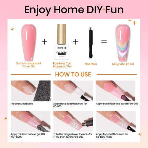 SUPWEE Cat Eye Gel Nail Polish Set With Magnetic, 5 Colors Translucent Nude Pink White Jelly Gel, Universal Rainbow Cat Eye, Glitter Holographic for Home DIY Manicure
