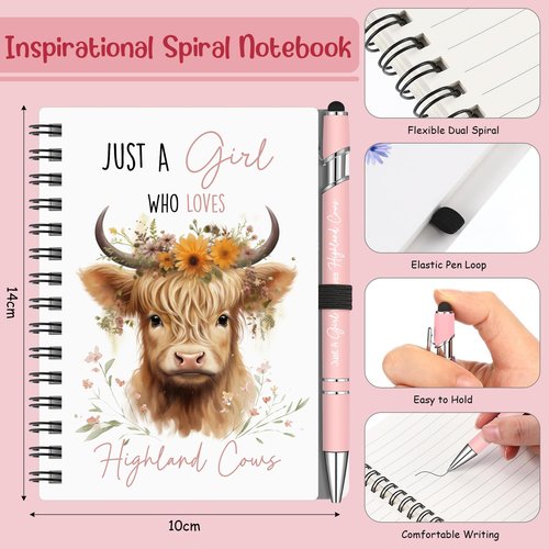 Sinmoe 5 Pcs Highland Cow Gift Set Women Christmas Highland Cow Lovers Stuff Canvas Tote Bag Makeup Bag Keychain Notebook Pen(Pink,Classic)
