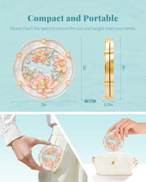 Imperblooms Lotus Bloom Compact Mirror, Small 2X Magnifying Makeup Mirror for Purse Pocket, Mini Portable Folding Blue Mirror, Chinese Style Gift for Women Girls