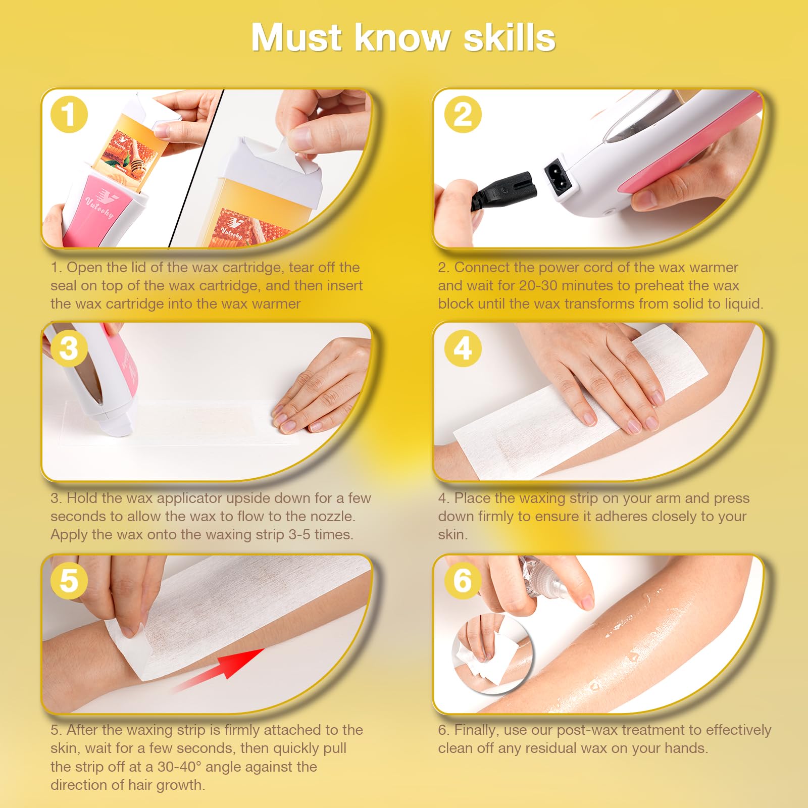 Vuteehy Roll on Wax Kit, Rolling Wax Hair Removal Kit for Women Men, Waxing Kit for Hair Removal, Roller Waxing Kit with 2 Honey Cartridges, 50 Pcs Strips