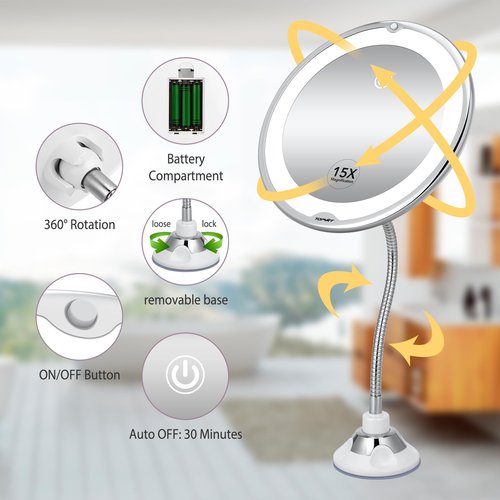 TOPVIRT Flexible 15X Magnifying Suction Mirror - Dimmable LED Vanity Mirror, Power Suction Cup, Portable for Home Bathroom - Ideal for Detailed Makeup Eyeshadow Eyeliner (Large)