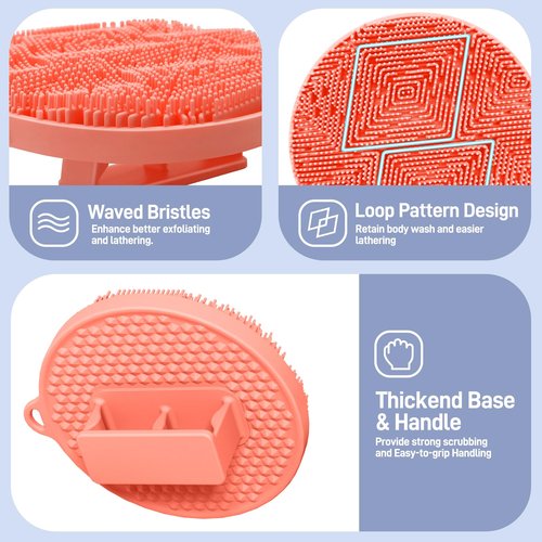 GEENOA Silicone Body Scrubber 2PCS, Hygienic Silicone Loofah with Waved Bristles and Non-Slip Handle, Durable Body Buffer Shower Scrubber for Gentle Exfoliating & Lathering(Black+Pink)