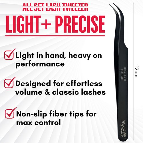 My Lash Tools Total Lash Control Curved Classic Fiber Tip Lash Tweezer – Precision Eyelash Extension Tweezer, Professional Stainless Steel, Volume & Classic Lashes (Black)