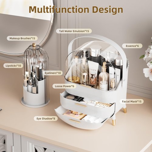 fanado Makeup Organizers Countertop, Makeup organization for Vanity, Cosmetic Storage with Lid and Drawers, Skincare Display Cases with for Desktop, Bathroom (White)