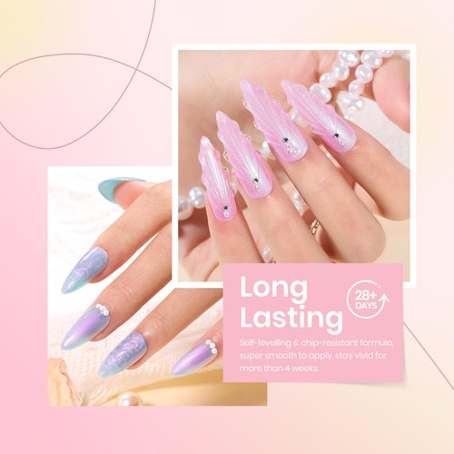 Beetles Pearl Gel Nail Polish, 6 Colors Shimmer Pearl White Pink Purple Mermaid Nail Drawing Spring Gel Polish Soak Off Uv Gel Polish Swirl Shell Thread Effect DIY Manicure Nail Art Gifts for Women