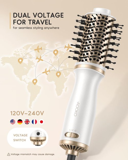 Dual Voltage Mini Hair Dryer Brush, 4 in 1 Blow Dryer Brush for European Travel, 120-240V for International Travel
