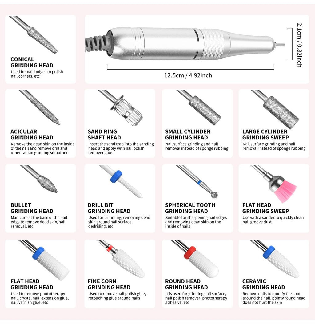 Electric Nail File Professional Kit - Professional 45000RPM Portable Nails Drills Kit with 11 Bits & Base LED Screen Cordless E Filer for Gel Acrylic Nails Remover Home Salon Manicure Pedicure Tools