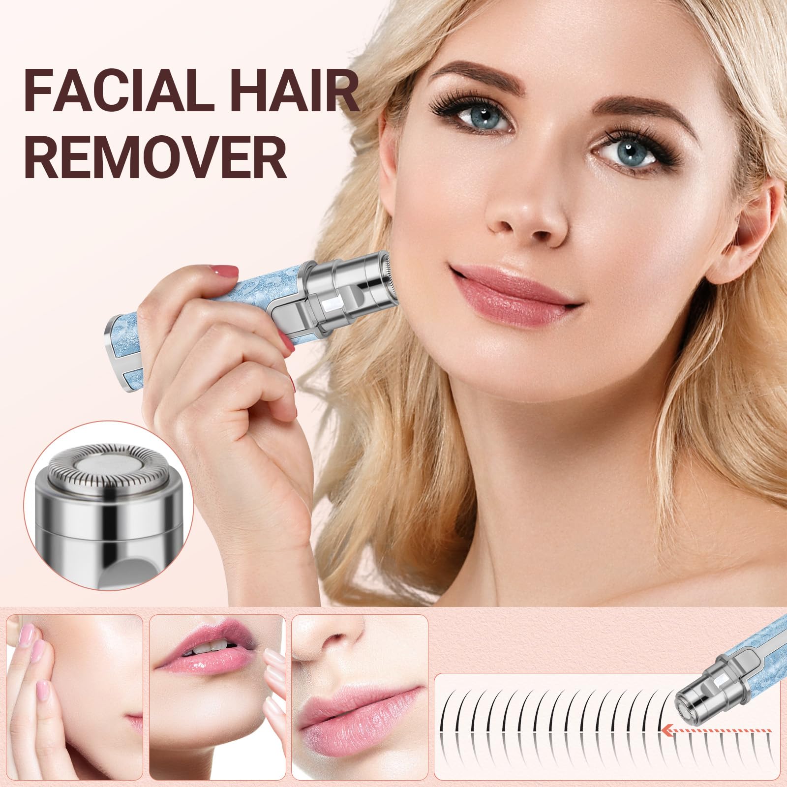 YLYYCC Facial Hair Removal for Women: 2-in-1 Rechargeable Nose Hair & Eyebrow Trimmer, Face Shaver with Built-in LED Light for Removing Chin, Upper and Lower Lip Area Peach Fuzz