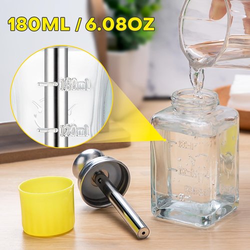 Noverlife 6Oz / 180ml Glass Push Down Pump Dispenser w/Copper Core, Acetone Pump Dispenser Alcohol Dispenser Push Down, Nail Polish Remover Pump Dispenser Bottle Push Down Hand Pumping Press Container
