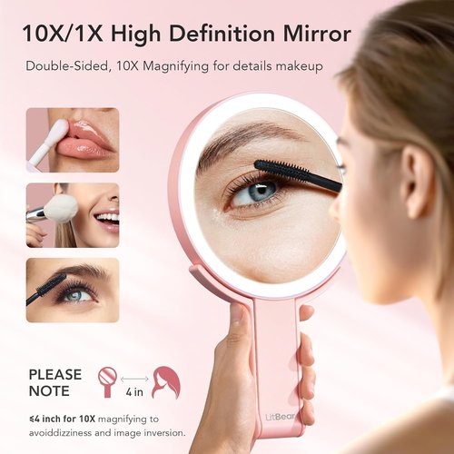 LitBear Travel Makeup Mirror - Rechargeable Double-Sided 10X/1X Magnifying Mirror with Dimmable Touch Screen | Portable Pink Beauty Mirror